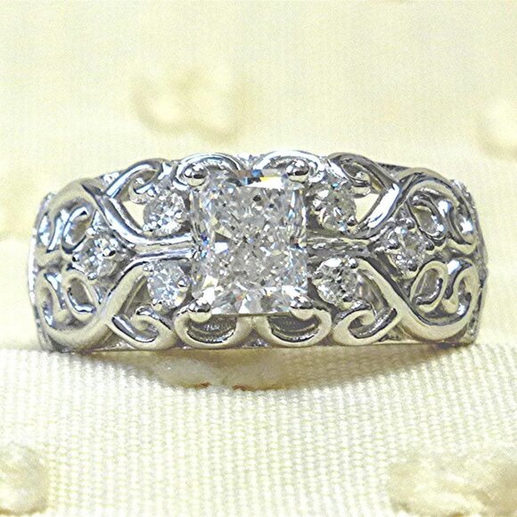 ▶NEW DIAMOND DAINTY RADIANT CUT CARVED 925 STERLING SILVER ETERNITY RING, K997 - Picture 3 of 5